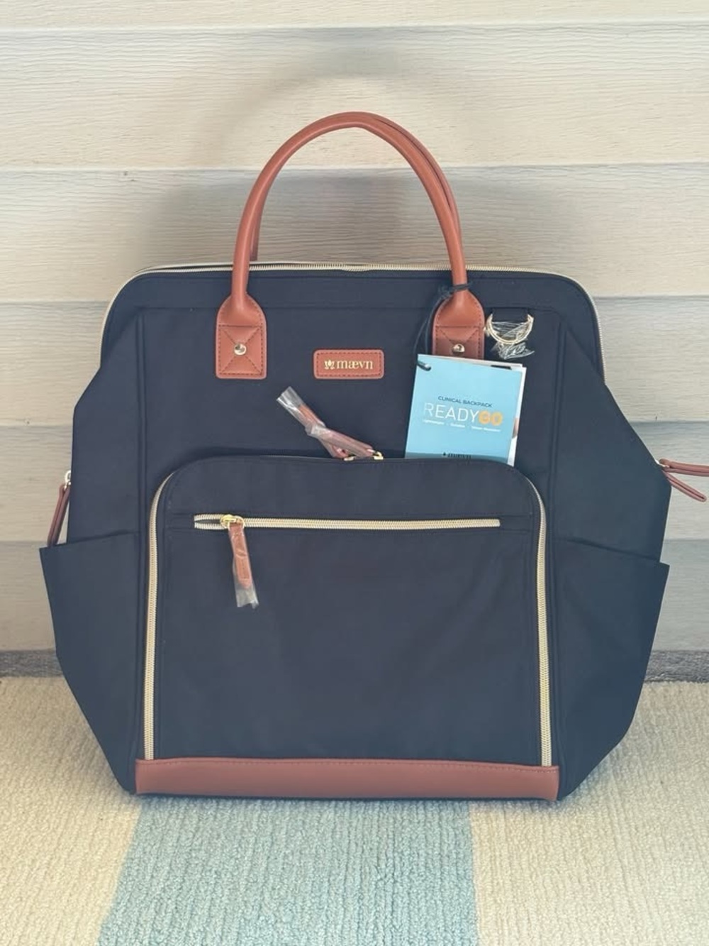 Maevn Black Tote Bag with Brown Trim